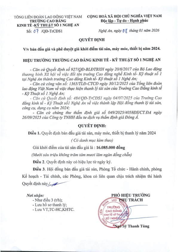Quyết định về việc bấn đấu giá và phê duyệt giá khởi điểm tài sản, máy móc, thiết bị năm 2024