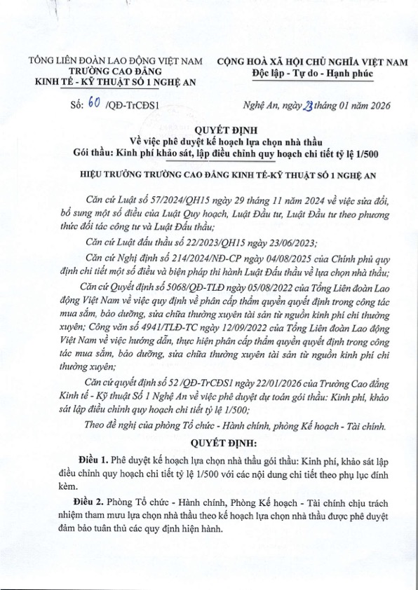 Quyết định về việc phê duyệt kế hoạch lựa chọ nhà thầu gói thầu: Kinh phí khảo sát, lập điều chỉnh quy hoạch chi tiết 1/500