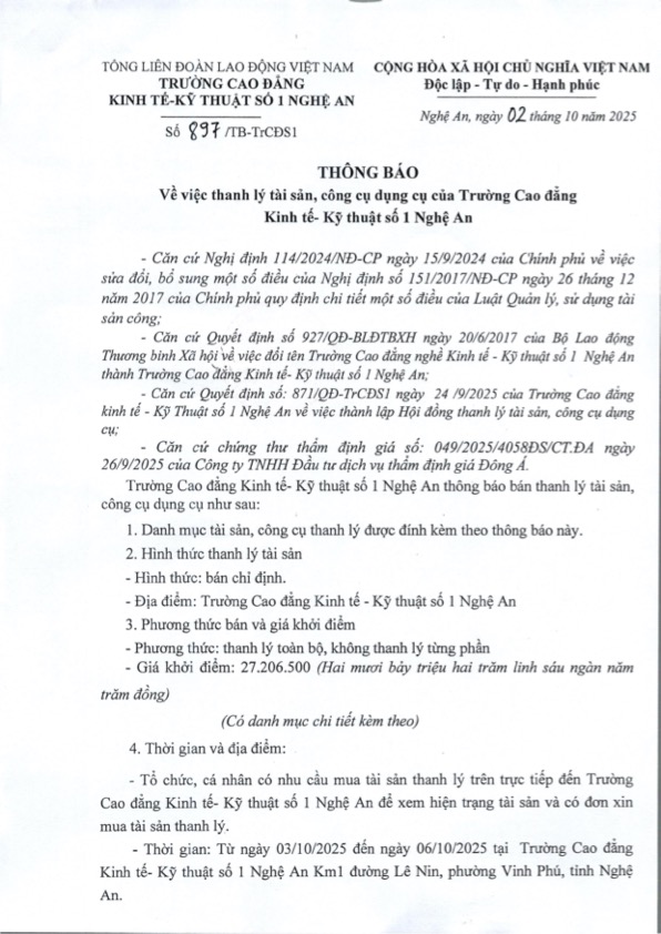 Thông báo về việc thanh lý tài sản, công cụ dụng cụ của Trường Cao đẳng Kinh tế Kỹ thuật số 1 Nghệ An